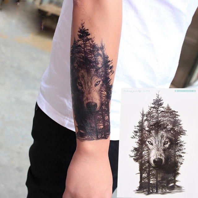Pegatinas impermeables temporales de tatuaje falso gris bosque lobo animales grandes D ZR