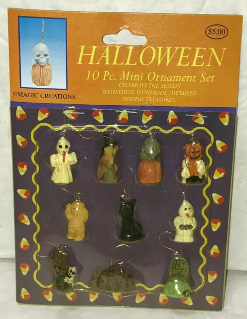 Halloween Mini Ornament Set Vintage 90s NOS Ghost Witch Mummy Cat Skull Tomb 2