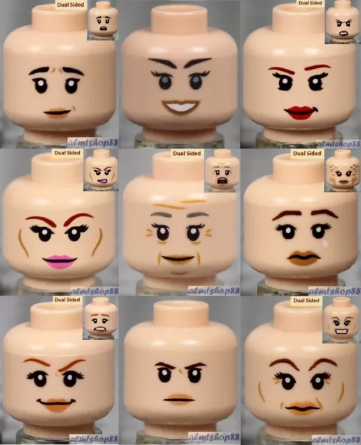 LEGO - 9x Female Heads Lot - Light Flesh Faces Lips Red Peach Smile Eyelashes