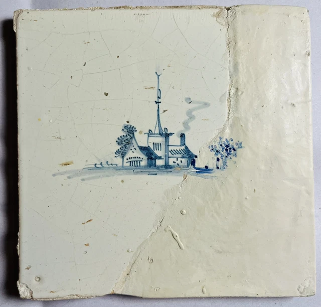 17th or 18th Century Dutch Blue and White Delft Tile - Church in a landscape A31