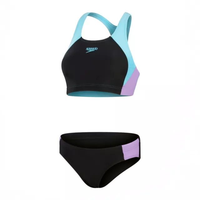 Speedo Womens 2 Piece Swimsuit.colourblock Black Purple Bikini Swim Costume S24