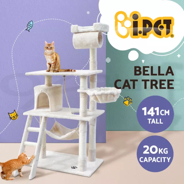 i.Pet Cat Tree Tower Scratching Post Scratcher 141cm Condo Wood House Bed Beige