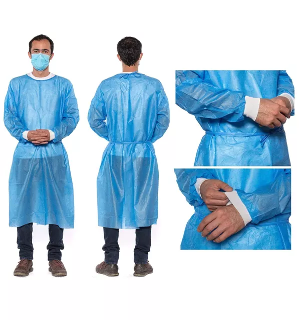 50 Blue Disposable Medical Isolation Gowns w/ Knitt Cuffs, Lab Dentists Hospital