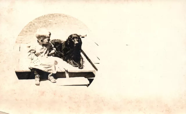 Antique Vtg 1900's RPPC Real Photo Post CardL Toddler boy Irish Setter Dog