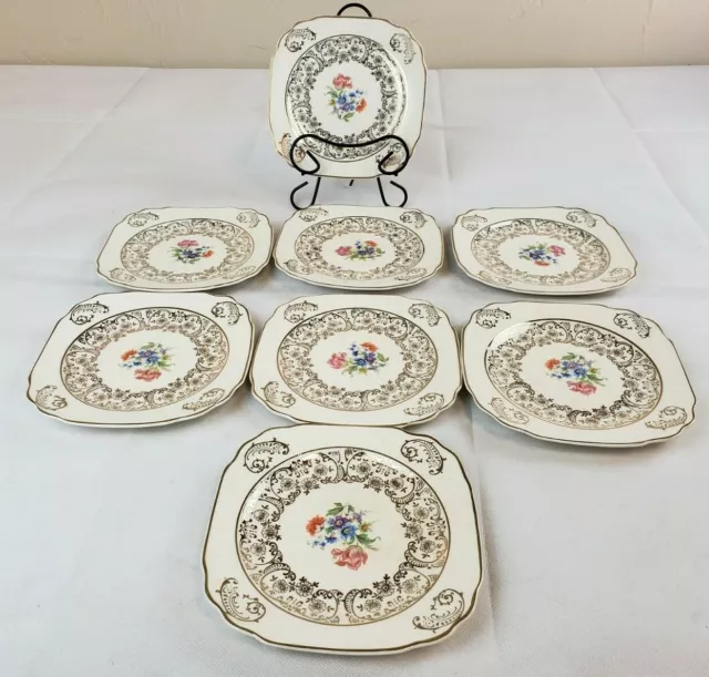 Vtg Harker Pottery Co 8pc Square Floral Design Dessert Plate 22KT Gold Trim GL11