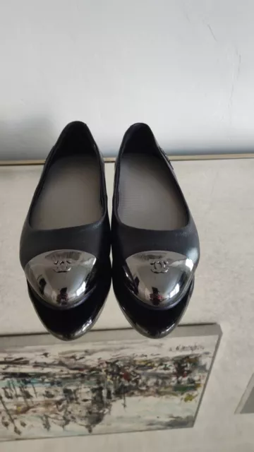 Chanel Ballet Flats Cap Toe CC Black Leather  Shoes 398USRare