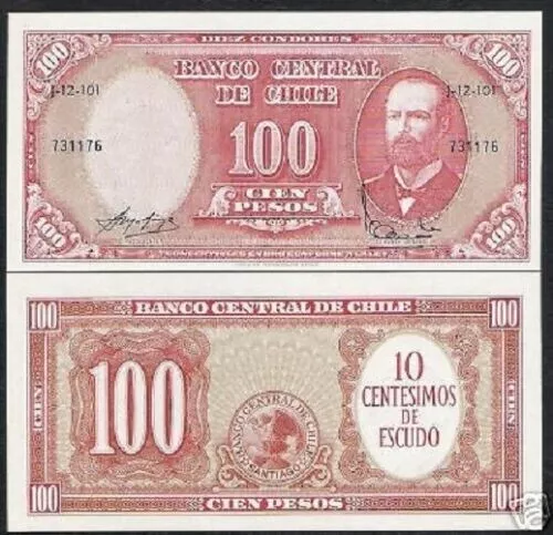 Chile 10 Cent on 100 Pesos P-127 1960 Prat UNC Chilean World Currency Money Bill