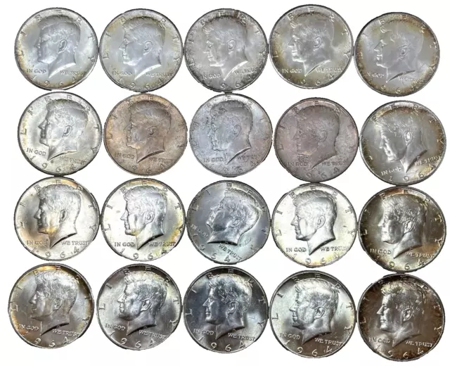 Bulk Lot 1964 Unc. 20 Coins 90% Silver Kennedy Half Dollars Roll - Some Toning.