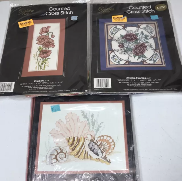 Candamar Designs 3 Cross Stitch Kits Poppies, Oriental Peonies More READ