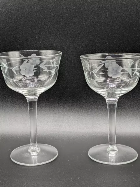 Vintage Etched Crystal Stemware Coupe Champagne Cordial Glasses (set Of 2) 5"