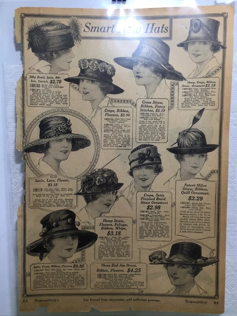 1918 Antique Montgomery Ward Catalog Page Millinery Hats Smart New Hats