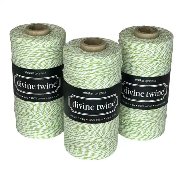 NEW (3) Divine Bakers Twine 100% Cotton 240 Yards, 4 PLY Green White String NWT