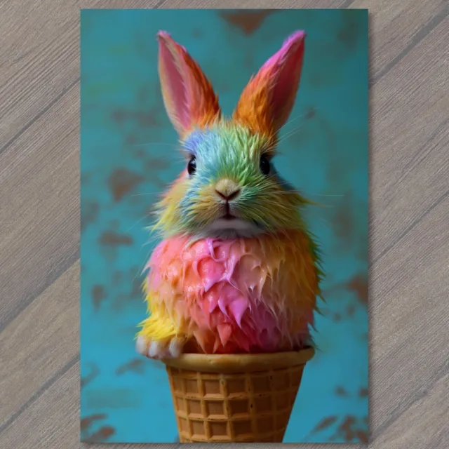 POSTCARD Bunny Rabbit Delighting As Ice Cream Cone Bliss Cute Fun Scoop Unusual