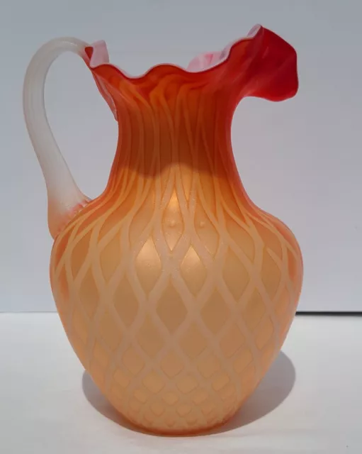 Vintage Thomas Webb Orange Red Mother of Pearl Satin Cased Art Glass Pitcher LRG