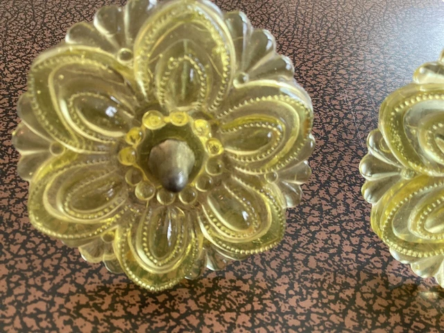 Antique Victorian 2 Pc Bright Yellow Sandwich Glass Curtain Tie Backs & Hardware