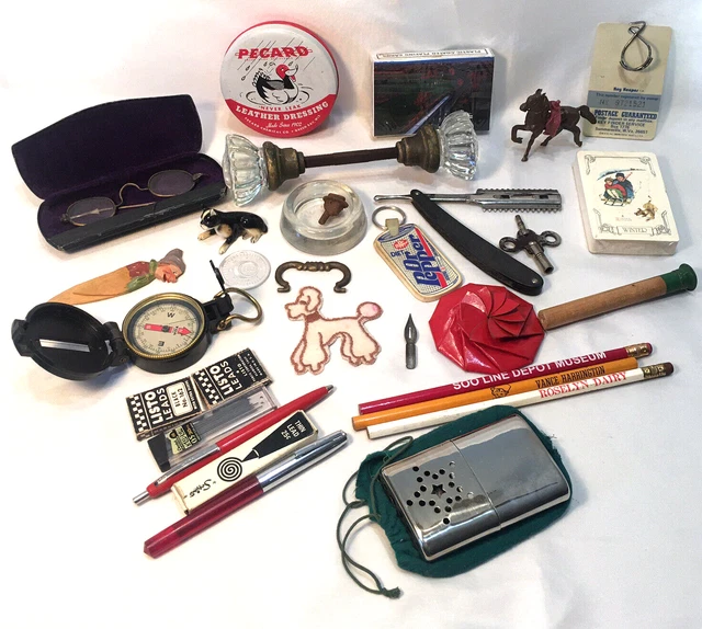 Vintage Junk Drawer Lot- Compass Pens Pencils Glass Doorknob Durham Razor Carved