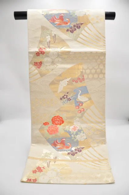Vintage Japanese Kimono Fukuro Obi Silk Classic Lucky Pattern Off-White JPS0004