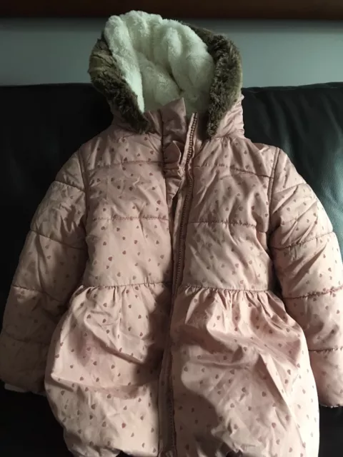 Marks & Spencer Girls Pink Hooded Coat 3-4 years with mittens GOOD COND