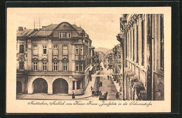 AK Neutitschein, Ausblick vom Kaiser-Franz-Josefplatz in die Schwarzstraße