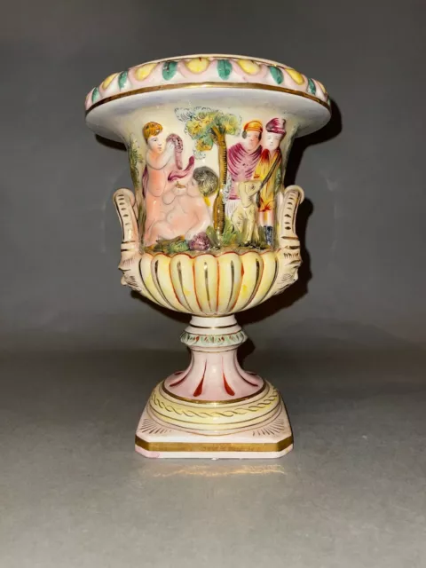 1950s Italian Capodimonte Ceramic Urn w Frolicking Cherubs & Mask Handles 9.5"