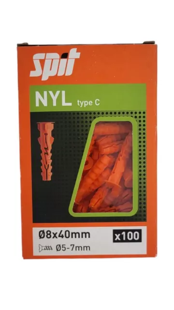 Cheville Nylon - Spit NYL TYPE C - 8 x 40 mm - Avec collerette - Boite de 100 -