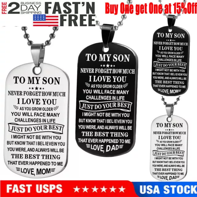 To My Son From Mom Dad Stainless Steel Black Military Dog Tag Necklace Xmas Gift