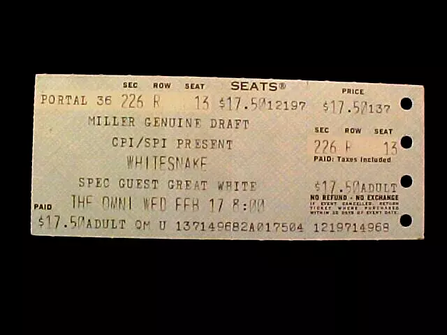 Feb 17, 1988 Live Concert Ticket Whitesnake & Great White Omni Atlanta, Ga RARE!