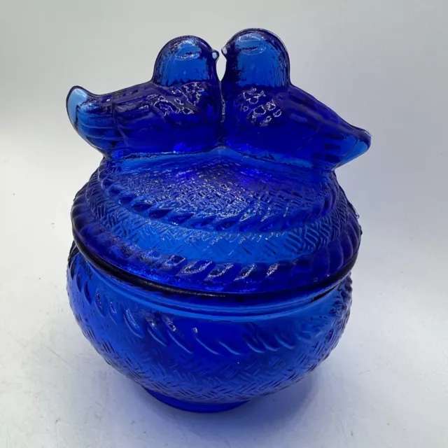 Vintage Cobalt Blue Glass Dish with Kissing Birds Lid c1950's