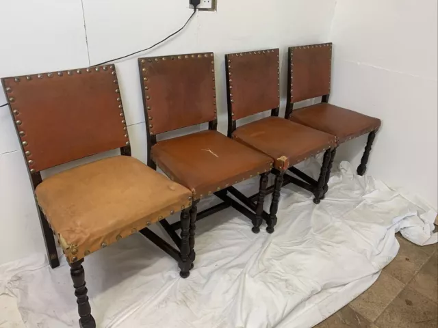 Set 5 Edwardian antique Arts & Crafts solid carved oak high back dining chairs 2