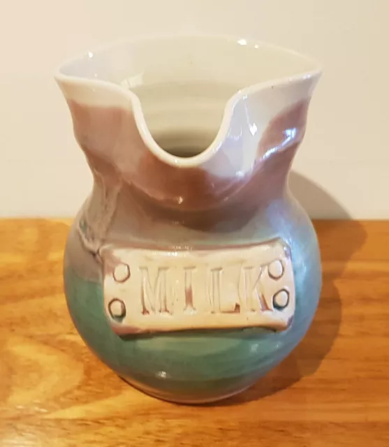 Handmade pottery milk jug/creamer green grey pink drip glaze