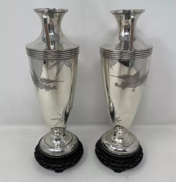 Antique Chinese Pair of Solid Silver Trophy Vases Hawks and Chickens Yoksang