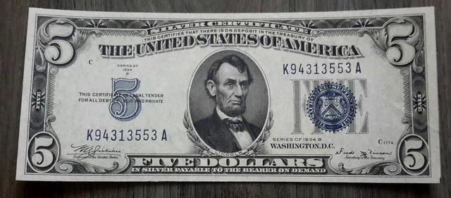 1934-B Series Choice CU $5 Silver Certificate Blue Seal KA block