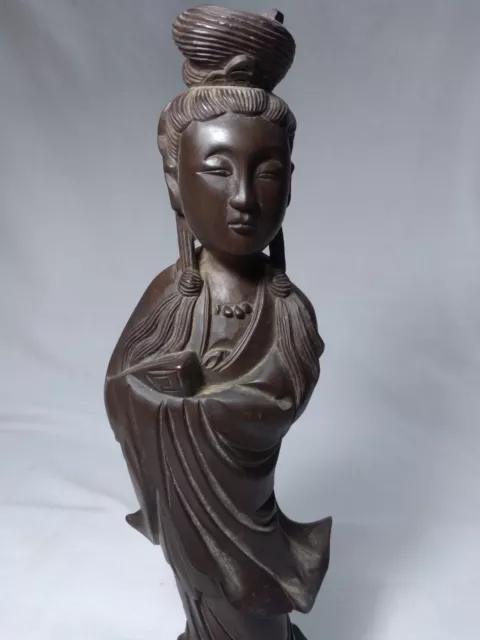 Bodhisattva Guanyin Kwan-Yin Finely Carved Wood Statuette 10.25" Antique