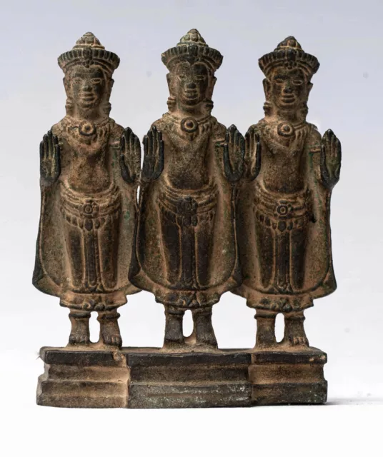 Antiker Khmer-Stil Stehschutz Buddha-Statue Triptychon - 10,5 cm/4"