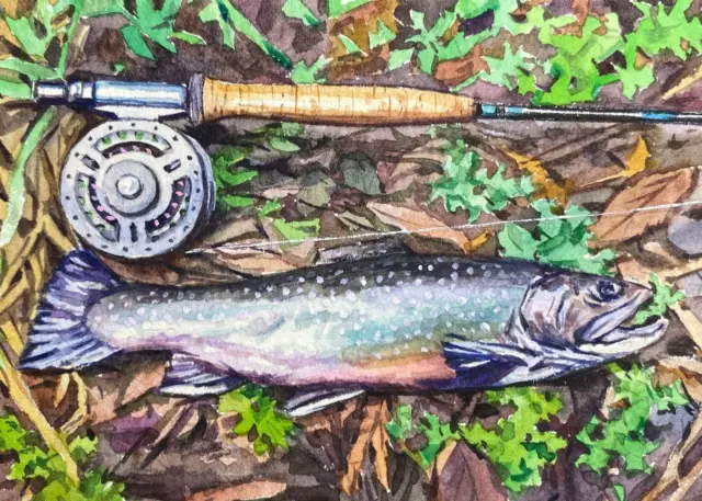WATERCOLOR PAINTING FLY Fishing Lure Bait Fish Hook Feathers ACEO Art  Auction - $22.00 - PicClick