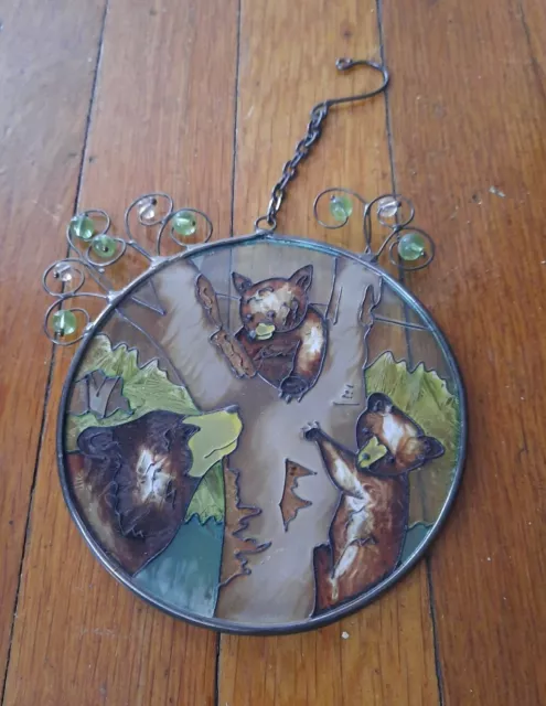 Vintage Stained Glass Style Window Door Sun Catcher Mother Bear and Cubs Woods