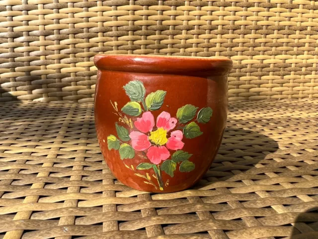 Vintage Small Mini Brown Hand Painted Pink Floral Flower Round Planter Pot Vase