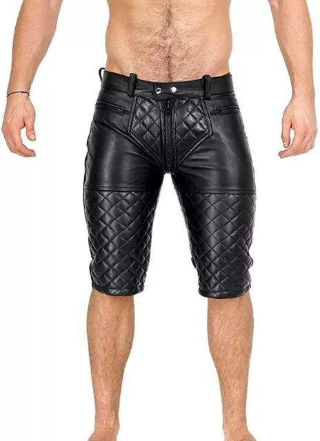 Leather Short Pants Men's Laces Waist Side Pant Shorts Jean Real Genuine Black16