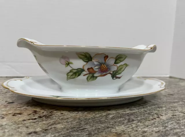 Roselyn Dogwood Gravy Boat & Attached Underplate Fine China Sauce Boat & Plate