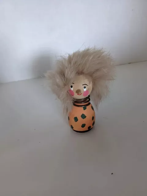 Vintage Midcentury Wooden Man Figurine with Fur - Hand Painted  Miniature