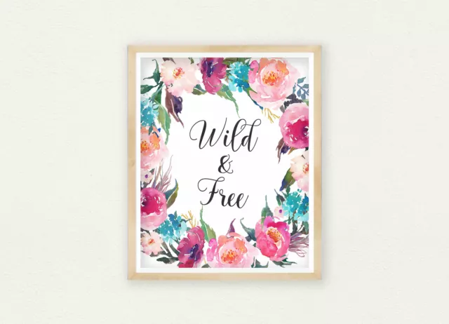 Wild And Free, Coral Teal Purple,Nursery Watercolor Flowers,Girls Room Decor