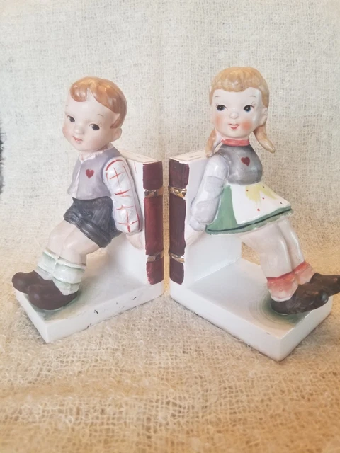 Vintage RARE Pair Ucagco Japan NURSERY BOOKENDS Hand Painted Ceramic Boy Girl