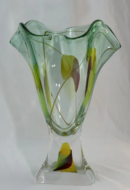 Adam Jablonski Blown Glass Leaf Handkerchief Pedestal Vase, Signed, 15" tall