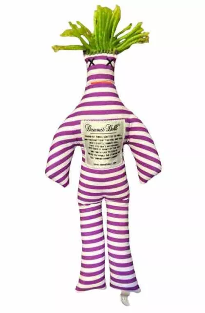 Dammit Doll Plush Purple White Stripes Stress Relief Green Hair -Gag Gift