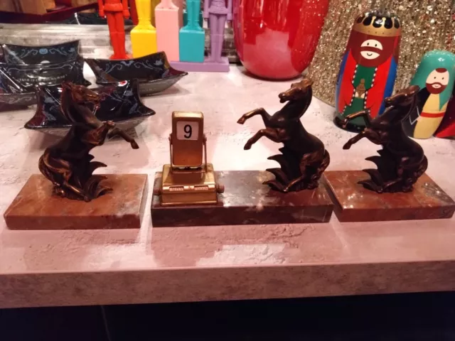 Three French Art Deco Gilt Horses on Pink Marble Bases, Desk Calendar & Bookends