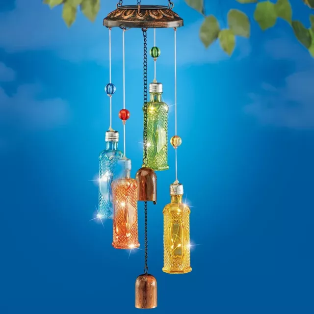 Solar Colorful Glass Bottles Hanging Wind Chime Mobile Porch Patio Garden Decor