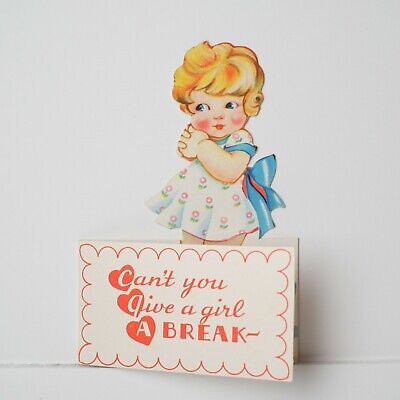 Valentine Vintage Die-Cut Fold Out Little Blonde Girl With Kitten "Girl a Break"