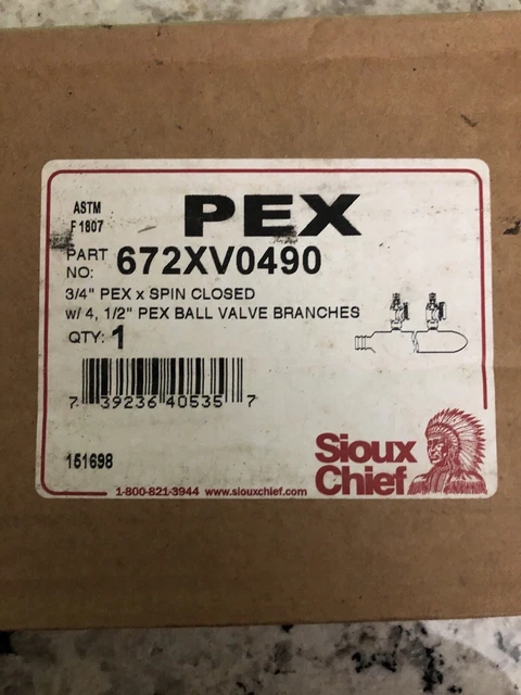 Sioux Chief 672XV0490, 1/2" PEX Manifold w/valves, 3/4" PEX in, clsd