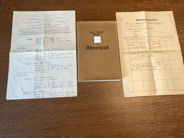 008 Original WWII German Documents Ahnenpass with additions LOT