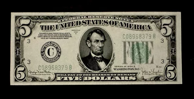 1934 D $5 Dollar Philadelphia Federal Reserve Green Seal Note UNC?